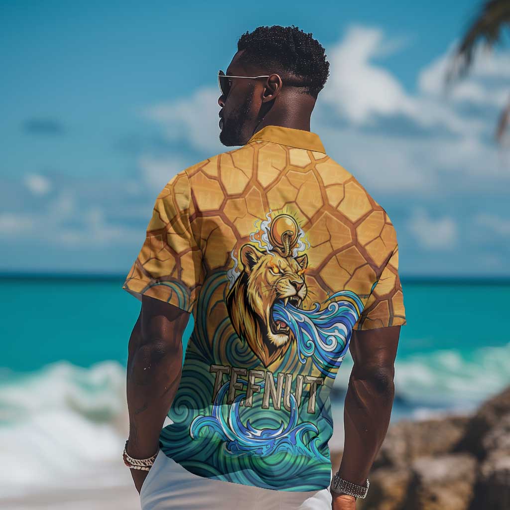 Egyptian Tefnut Fiery Eye Hawaiian Shirt with Roaring Lion in Desert and Water Element