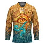 Egyptian Tefnut Fiery Eye Hockey Jersey with Roaring Lion in Desert and Water Element
