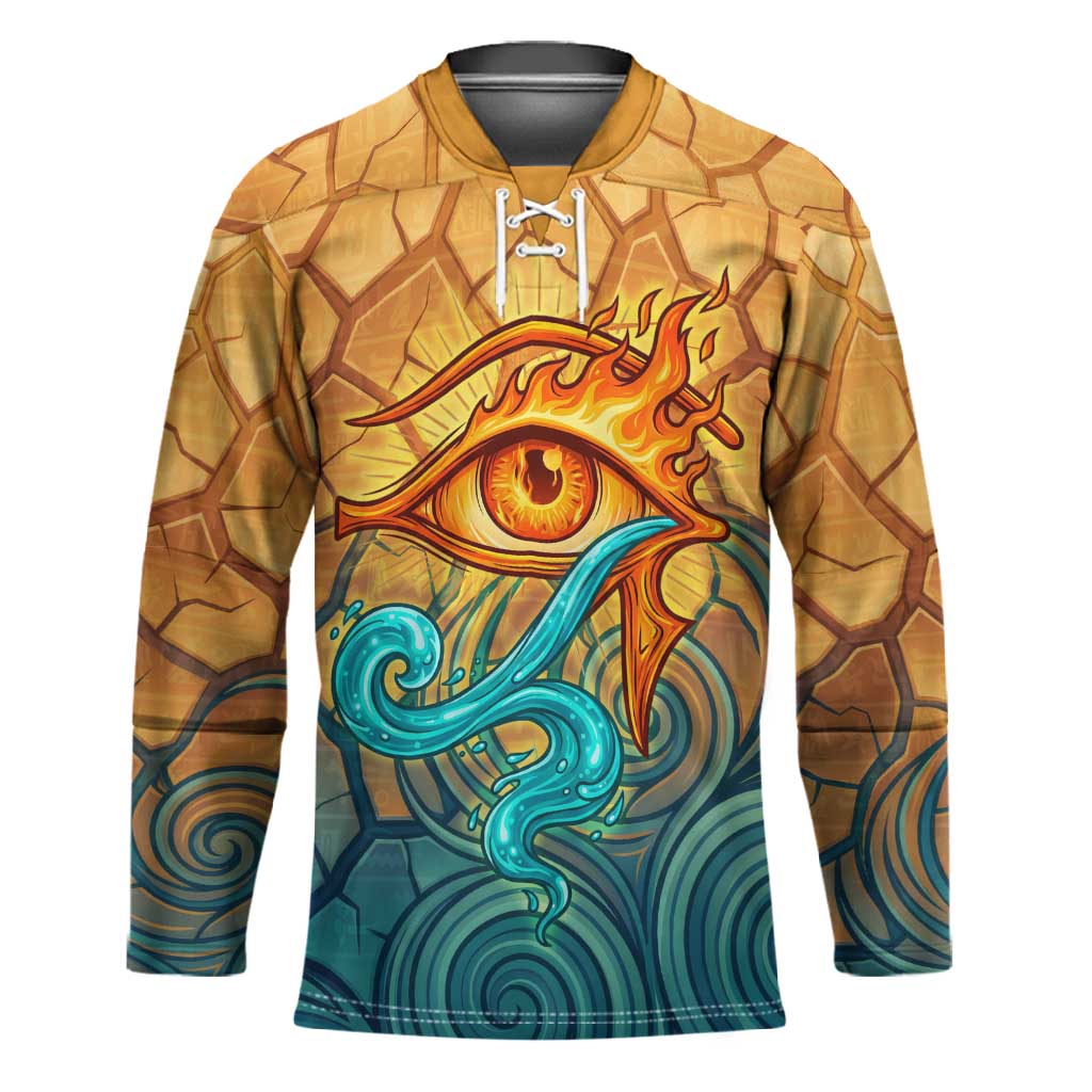 Egyptian Tefnut Fiery Eye Hockey Jersey with Roaring Lion in Desert and Water Element