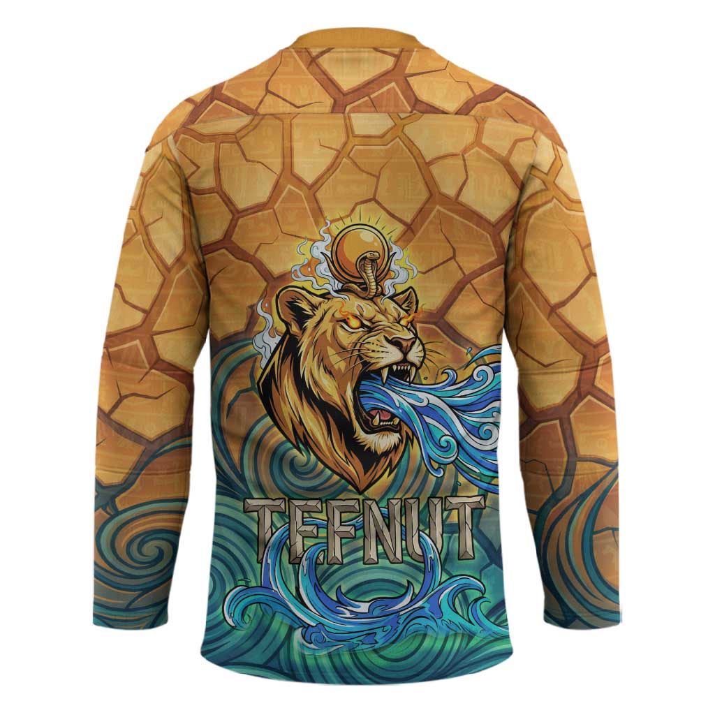 Egyptian Tefnut Fiery Eye Hockey Jersey with Roaring Lion in Desert and Water Element