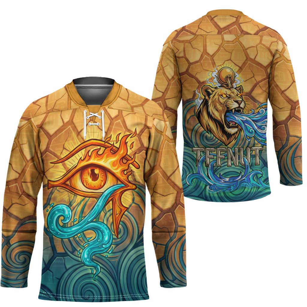 Egyptian Tefnut Fiery Eye Hockey Jersey with Roaring Lion in Desert and Water Element