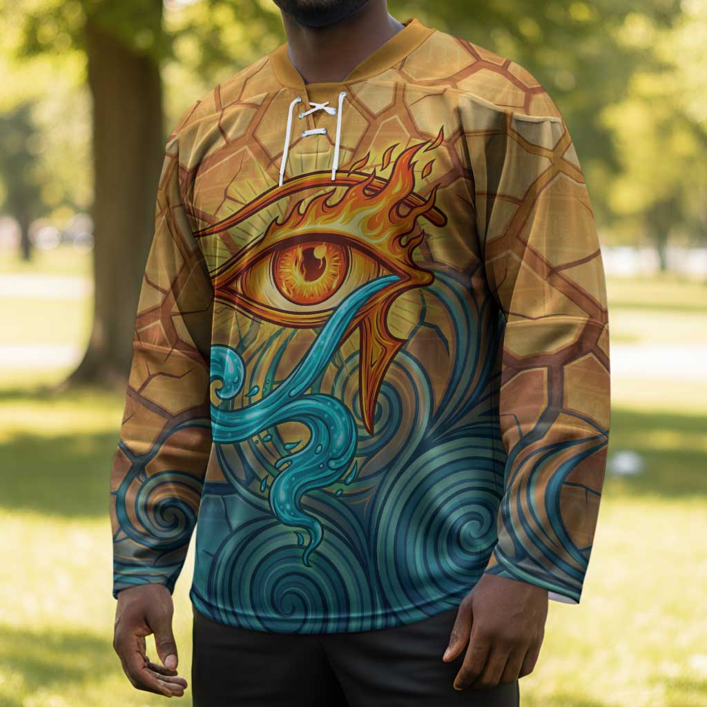 Egyptian Tefnut Fiery Eye Hockey Jersey with Roaring Lion in Desert and Water Element