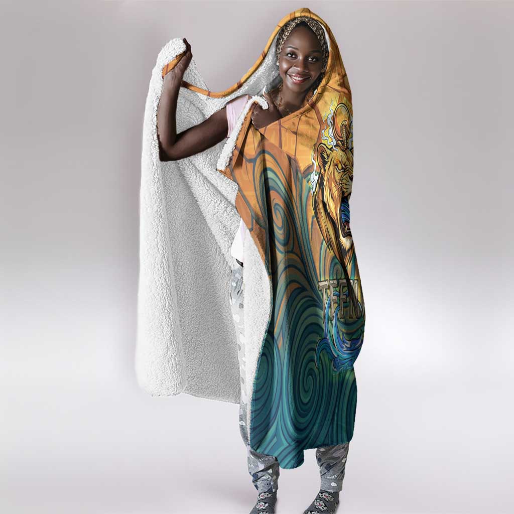 Egyptian Tefnut Fiery Eye Hooded Blanket with Roaring Lion in Desert and Water Element