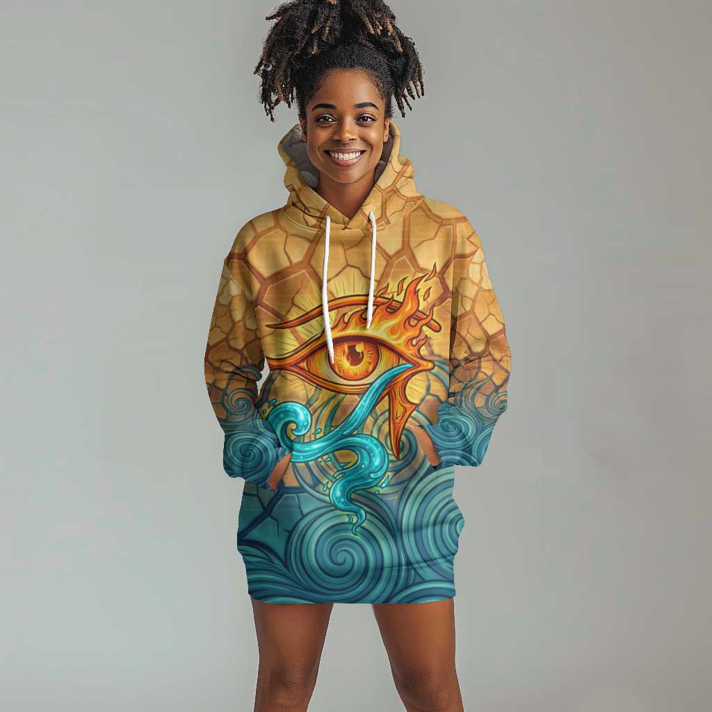 Egyptian Tefnut Fiery Eye Hoodie Dress with Roaring Lion in Desert and Water Element