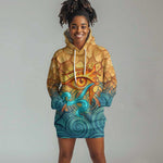 Egyptian Tefnut Fiery Eye Hoodie Dress with Roaring Lion in Desert and Water Element