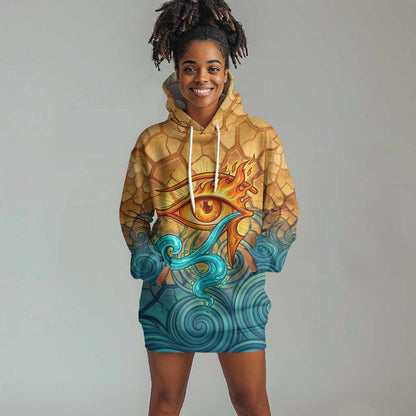 Egyptian Tefnut Fiery Eye Hoodie Dress with Roaring Lion in Desert and Water Element