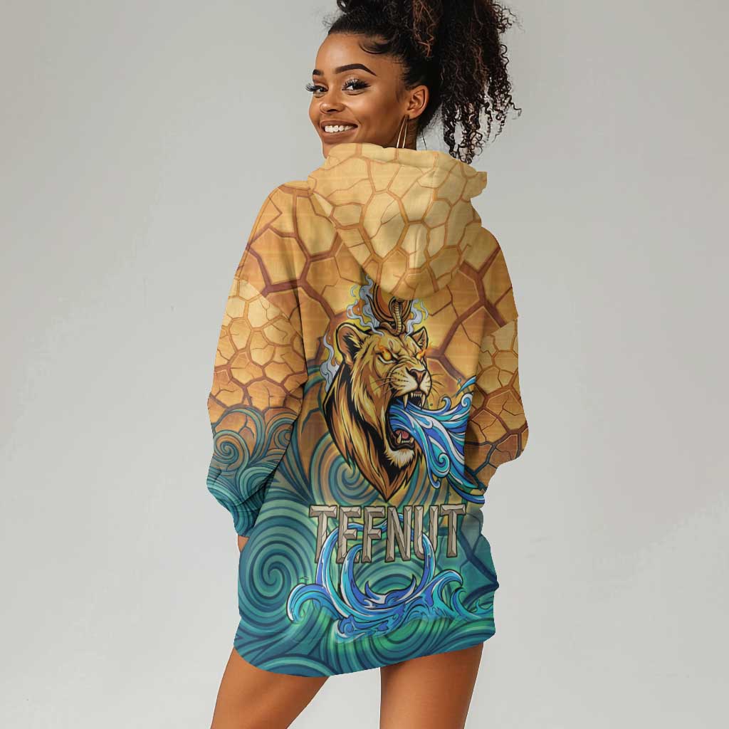 Egyptian Tefnut Fiery Eye Hoodie Dress with Roaring Lion in Desert and Water Element