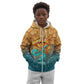 Egyptian Tefnut Fiery Eye Kid Hoodie with Roaring Lion in Desert and Water Element