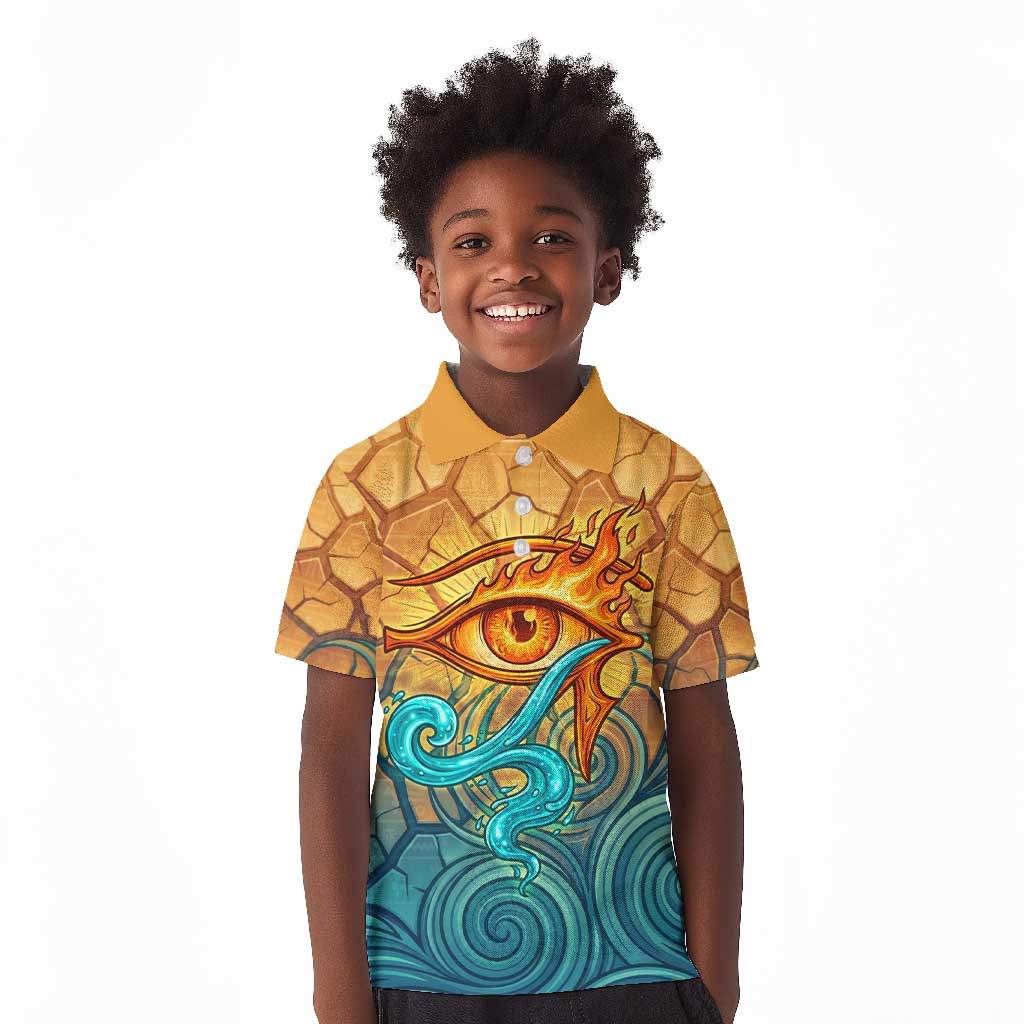 Egyptian Tefnut Fiery Eye Kid Polo Shirt with Roaring Lion in Desert and Water Element