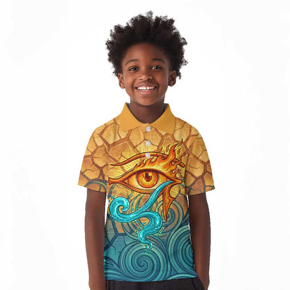 Egyptian Tefnut Fiery Eye Kid Polo Shirt with Roaring Lion in Desert and Water Element