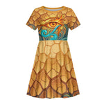 Egyptian Tefnut Fiery Eye Kid Short Sleeve Dress with Roaring Lion in Desert and Water Element
