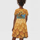 Egyptian Tefnut Fiery Eye Kid Short Sleeve Dress with Roaring Lion in Desert and Water Element