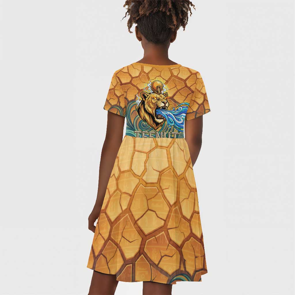 Egyptian Tefnut Fiery Eye Kid Short Sleeve Dress with Roaring Lion in Desert and Water Element