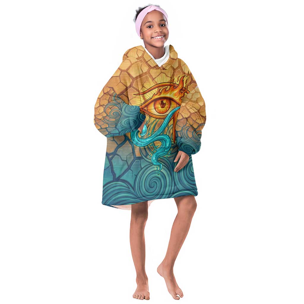 Egyptian Tefnut Fiery Eye Kid Wearable Blanket Hoodie with Roaring Lion in Desert and Water Element