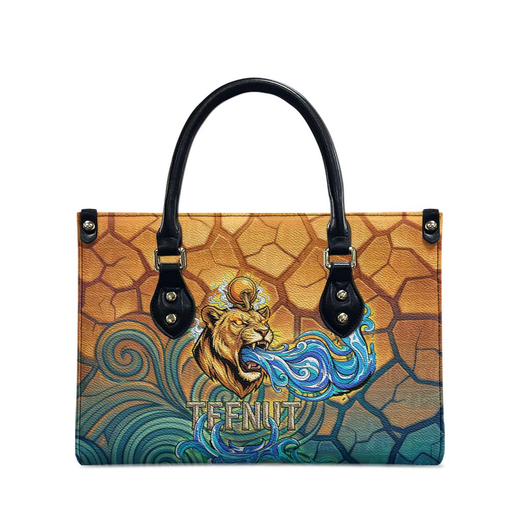Egyptian Tefnut Fiery Eye Leather Bag with Roaring Lion in Desert and Water Element