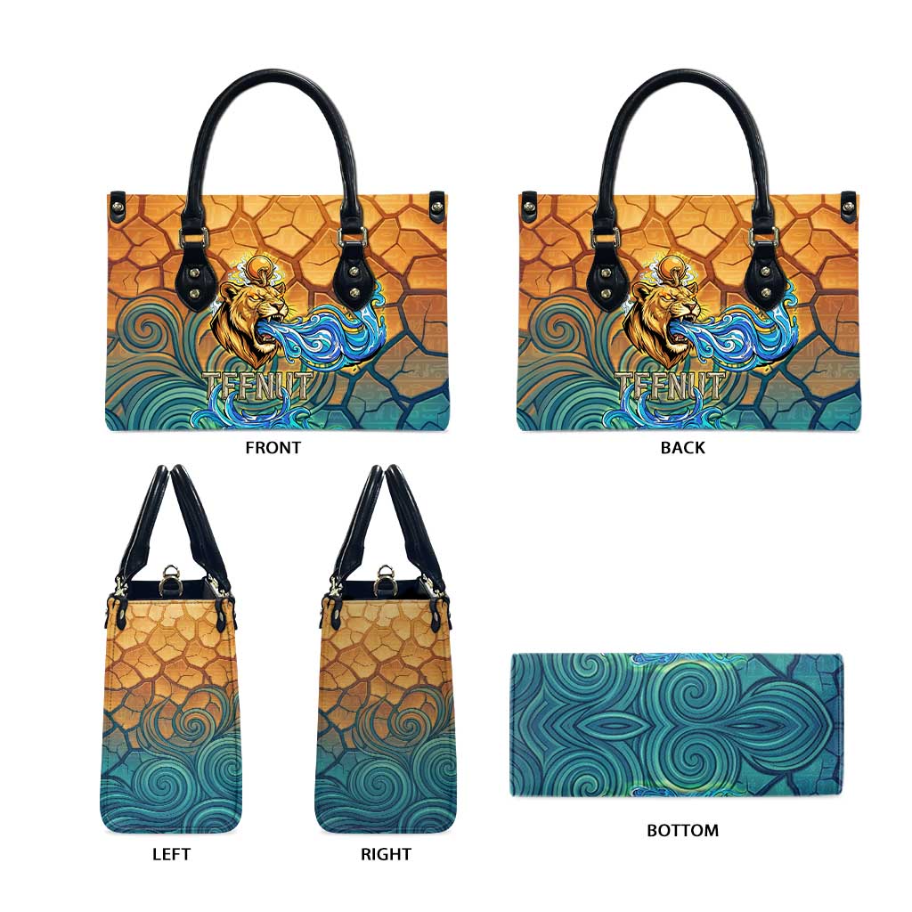 Egyptian Tefnut Fiery Eye Leather Bag with Roaring Lion in Desert and Water Element