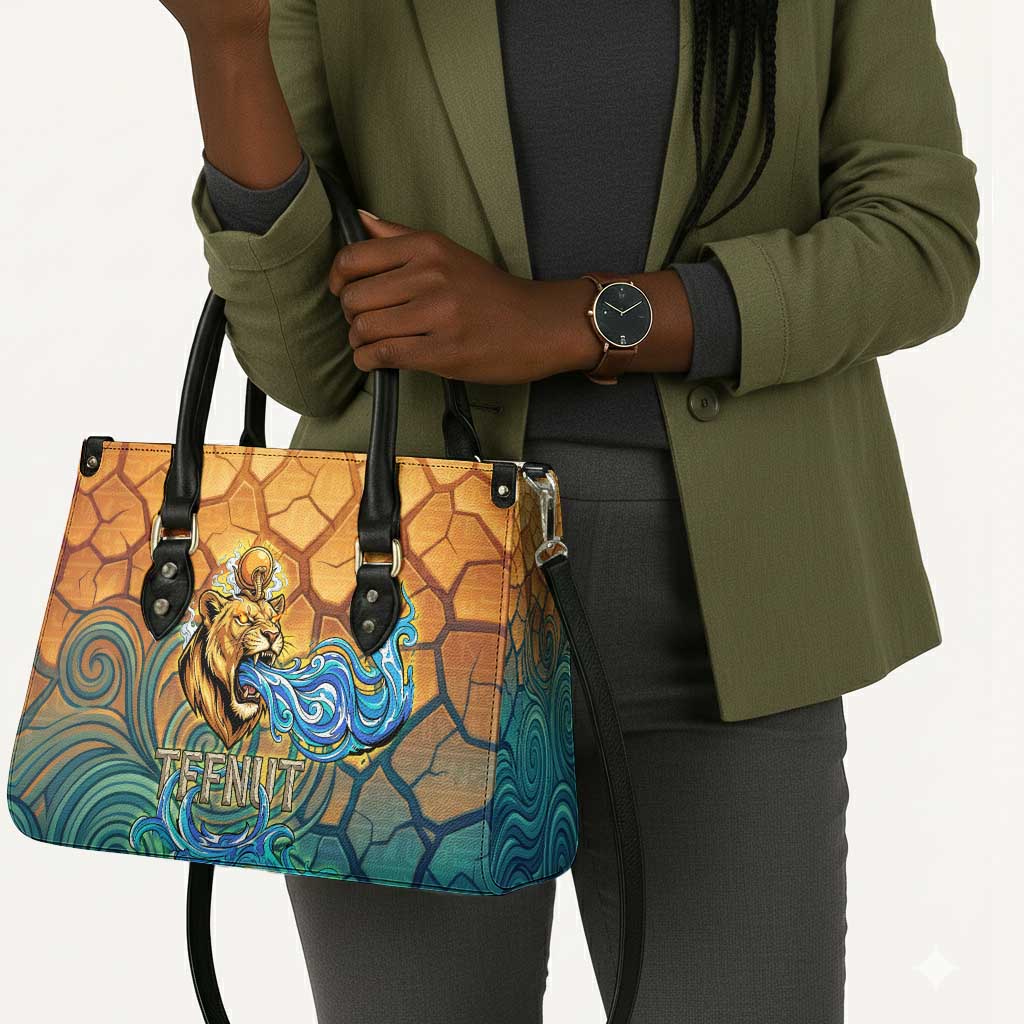 Egyptian Tefnut Fiery Eye Leather Bag with Roaring Lion in Desert and Water Element