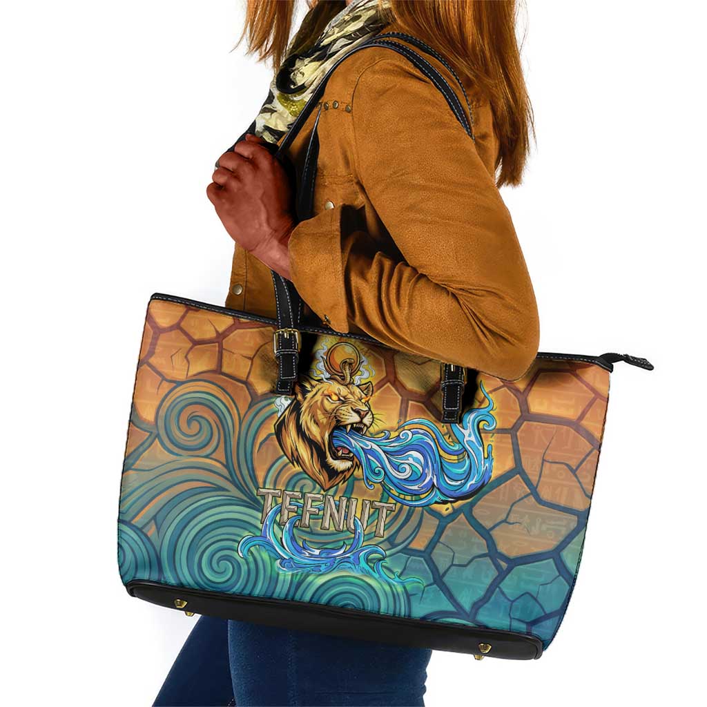 Egyptian Tefnut Fiery Eye Leather Tote Bag with Roaring Lion in Desert and Water Element