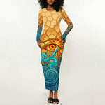 Egyptian Tefnut Fiery Eye Long Sleeve Bodycon Dress with Roaring Lion in Desert and Water Element