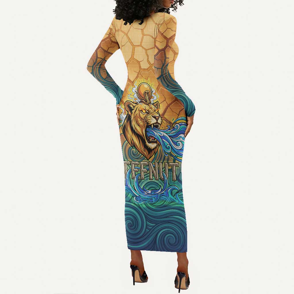 Egyptian Tefnut Fiery Eye Long Sleeve Bodycon Dress with Roaring Lion in Desert and Water Element
