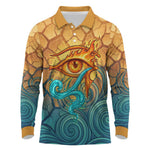 Egyptian Tefnut Fiery Eye Long Sleeve Polo Shirt with Roaring Lion in Desert and Water Element