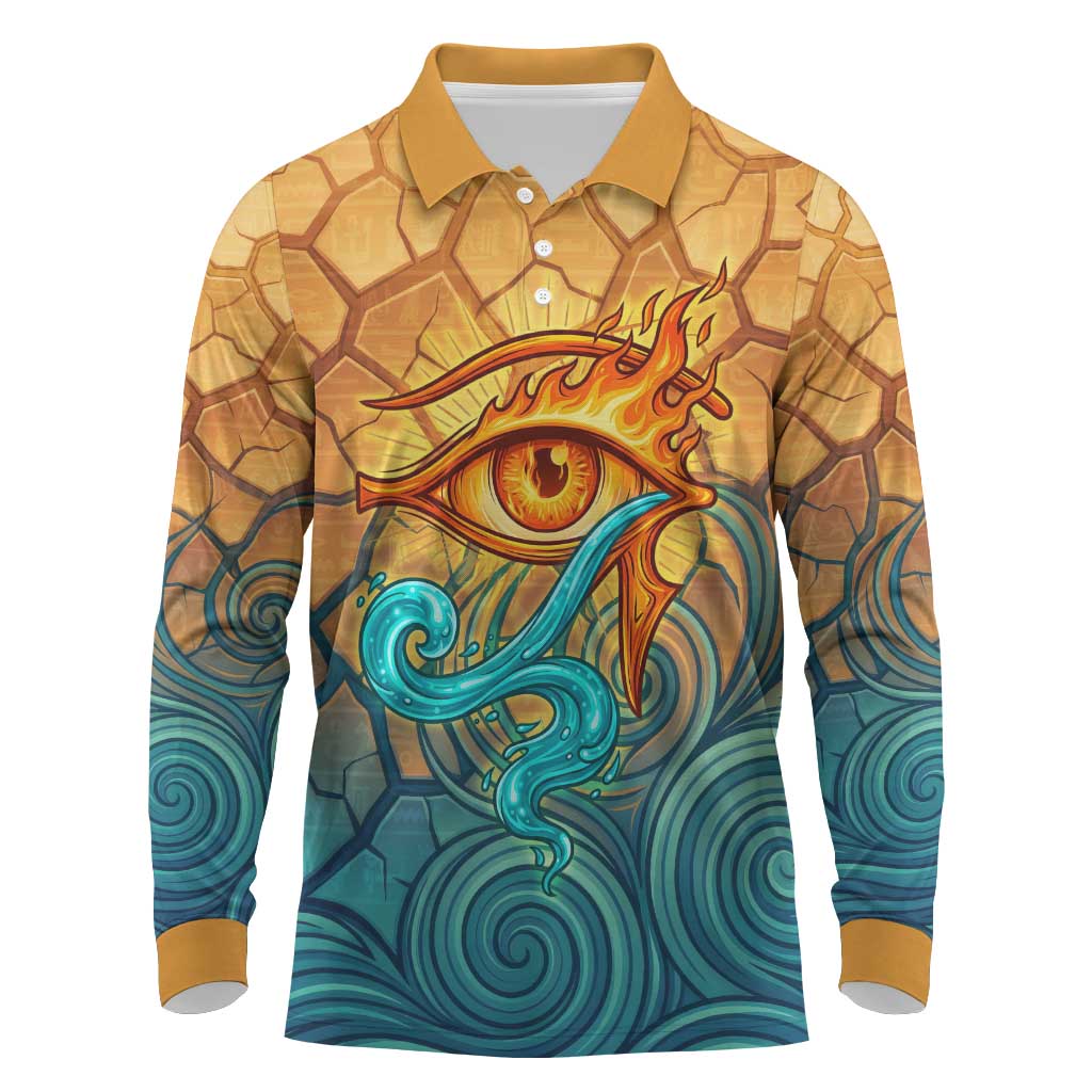 Egyptian Tefnut Fiery Eye Long Sleeve Polo Shirt with Roaring Lion in Desert and Water Element