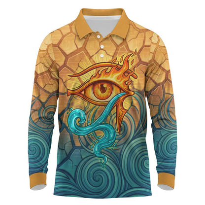 Egyptian Tefnut Fiery Eye Long Sleeve Polo Shirt with Roaring Lion in Desert and Water Element