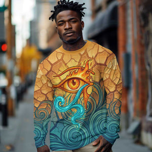 Egyptian Tefnut Fiery Eye Long Sleeve Shirt with Roaring Lion in Desert and Water Element