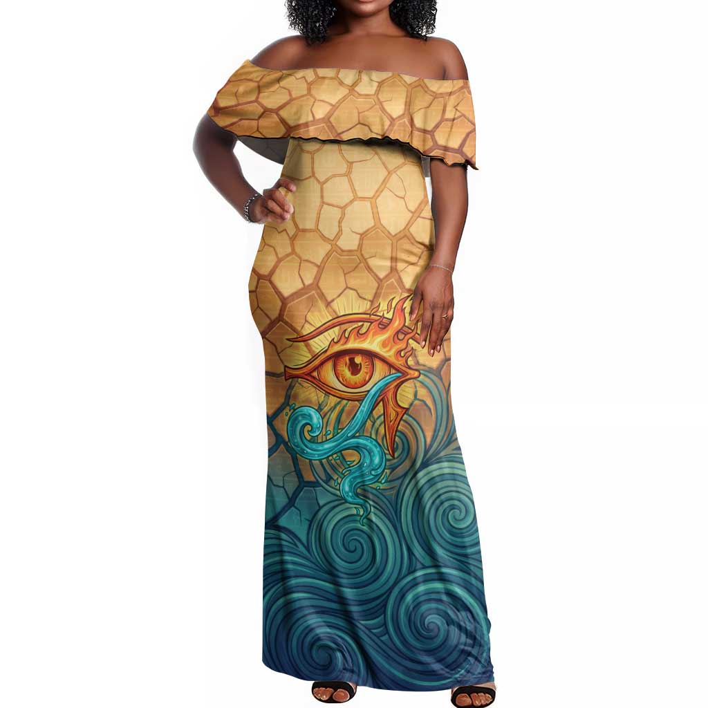 Egyptian Tefnut Fiery Eye Off Shoulder Maxi Dress with Roaring Lion in Desert and Water Element