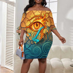 Egyptian Tefnut Fiery Eye Off Shoulder Short Dress with Roaring Lion in Desert and Water Element
