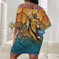 Egyptian Tefnut Fiery Eye Off Shoulder Short Dress with Roaring Lion in Desert and Water Element