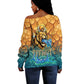 Egyptian Tefnut Fiery Eye Off Shoulder Sweater with Roaring Lion in Desert and Water Element