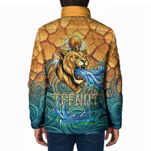 Egyptian Tefnut Fiery Eye Padded Jacket with Roaring Lion in Desert and Water Element
