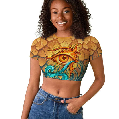 Egyptian Tefnut Fiery Eye Raglan Cropped T shirt with Roaring Lion in Desert and Water Element