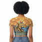 Egyptian Tefnut Fiery Eye Raglan Cropped T shirt with Roaring Lion in Desert and Water Element