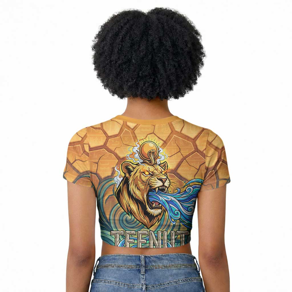 Egyptian Tefnut Fiery Eye Raglan Cropped T shirt with Roaring Lion in Desert and Water Element