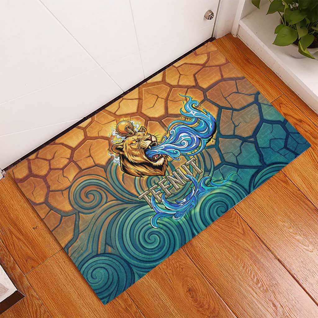 Egyptian Tefnut Fiery Eye Rubber Doormat with Roaring Lion in Desert and Water Element