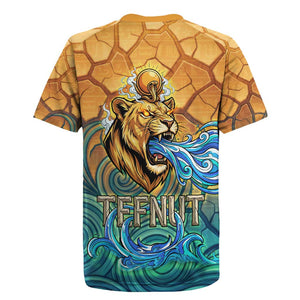 Egyptian Tefnut Fiery Eye Rugby Jersey with Roaring Lion in Desert and Water Element