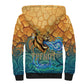 Egyptian Tefnut Fiery Eye Sherpa Hoodie with Roaring Lion in Desert and Water Element