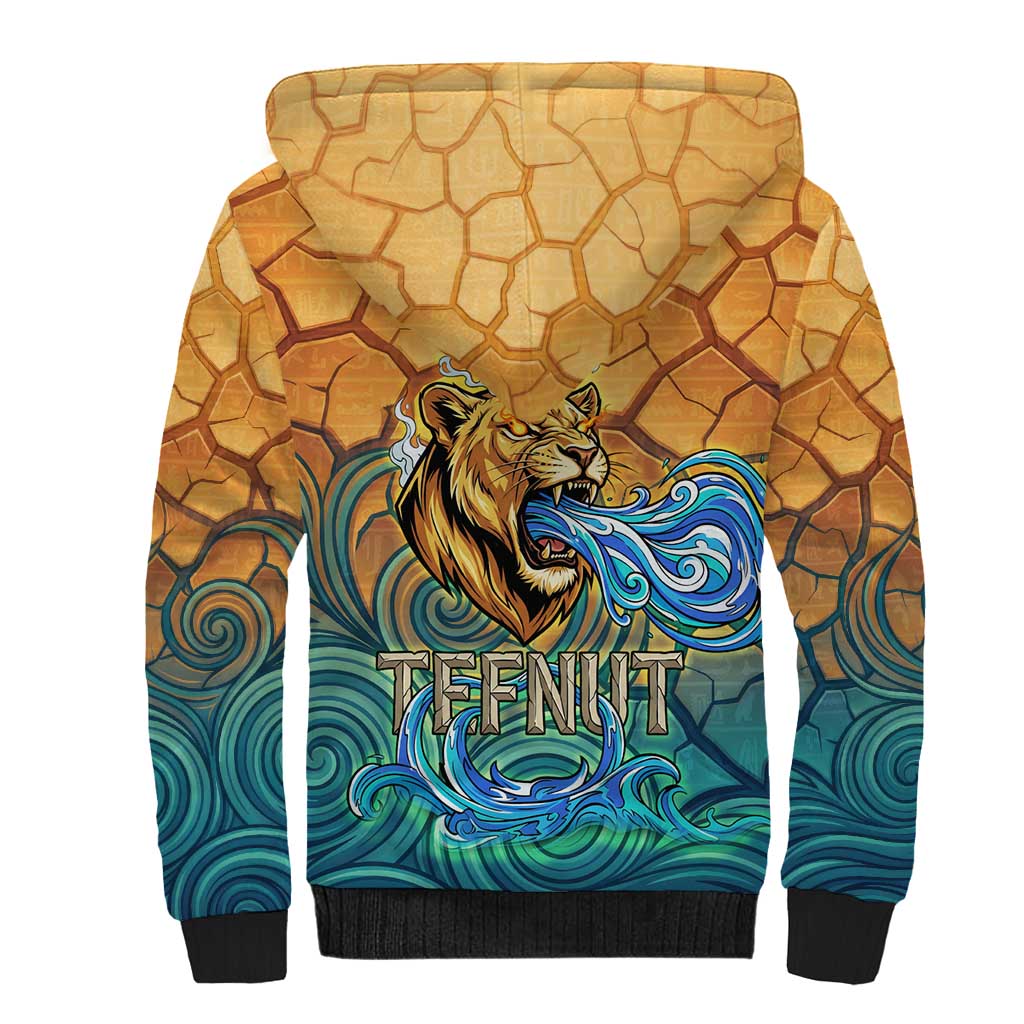 Egyptian Tefnut Fiery Eye Sherpa Hoodie with Roaring Lion in Desert and Water Element
