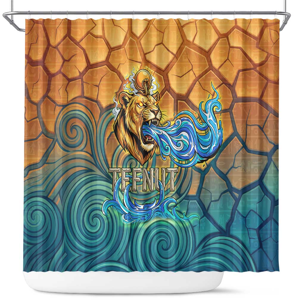 Egyptian Tefnut Fiery Eye Shower Curtain with Roaring Lion in Desert and Water Element