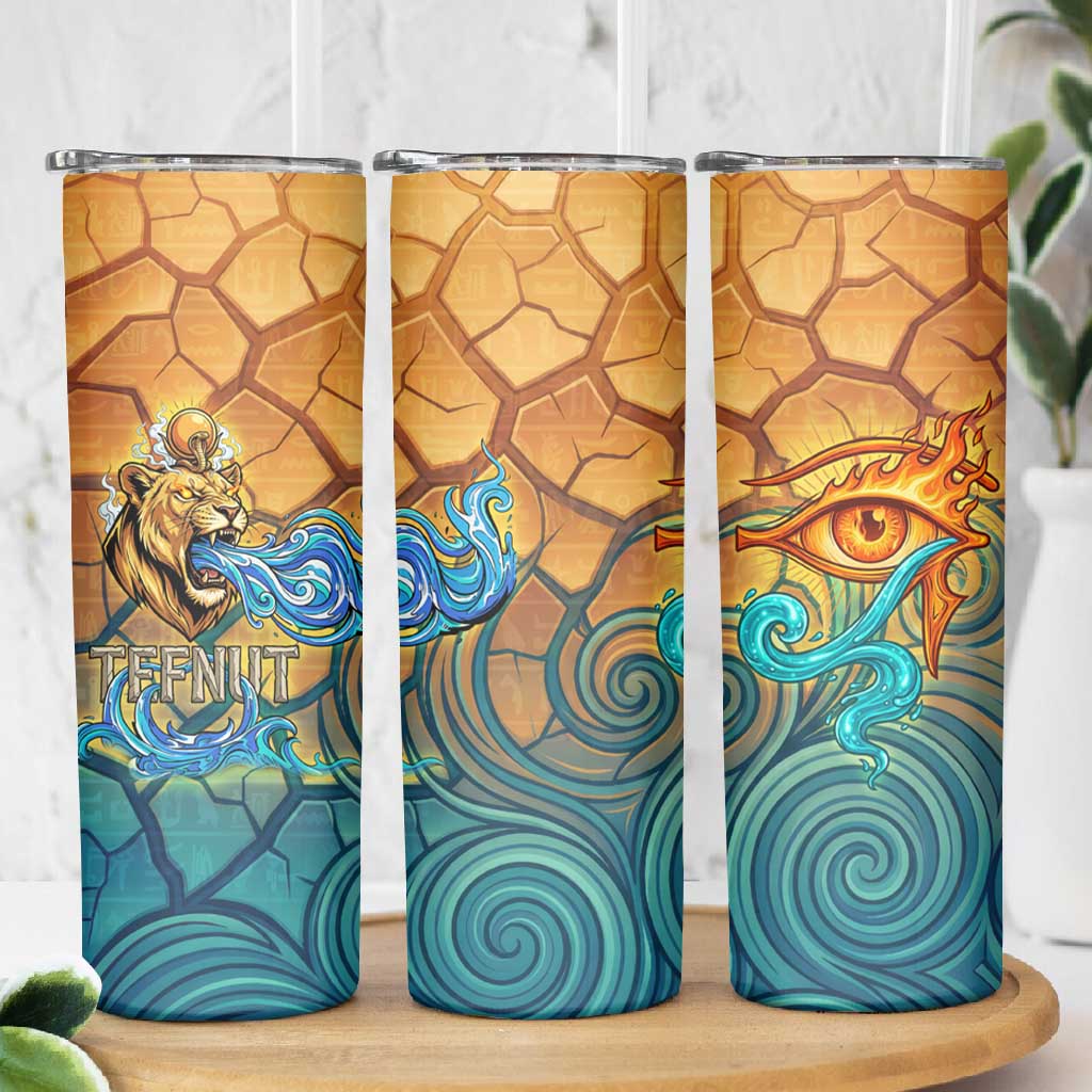 Egyptian Tefnut Fiery Eye Skinny Tumbler with Roaring Lion in Desert and Water Element
