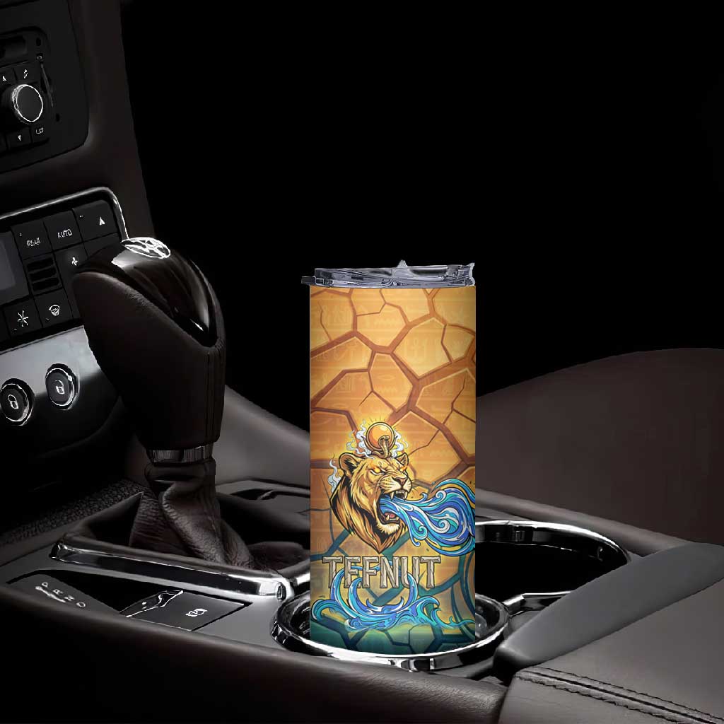 Egyptian Tefnut Fiery Eye Skinny Tumbler with Roaring Lion in Desert and Water Element