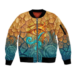 Egyptian Tefnut Fiery Eye Sleeve Zip Bomber Jacket with Roaring Lion in Desert and Water Element