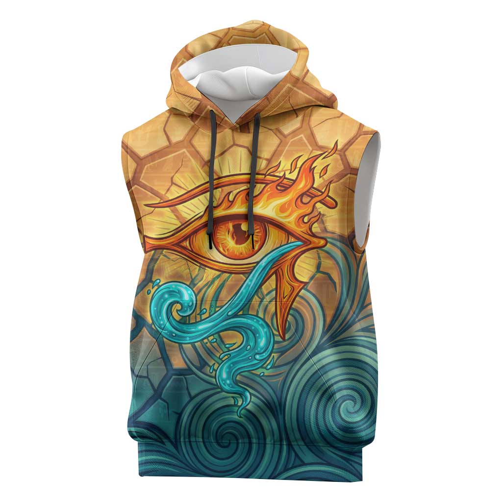 Egyptian Tefnut Fiery Eye Sleeveless Hoodie with Roaring Lion in Desert and Water Element