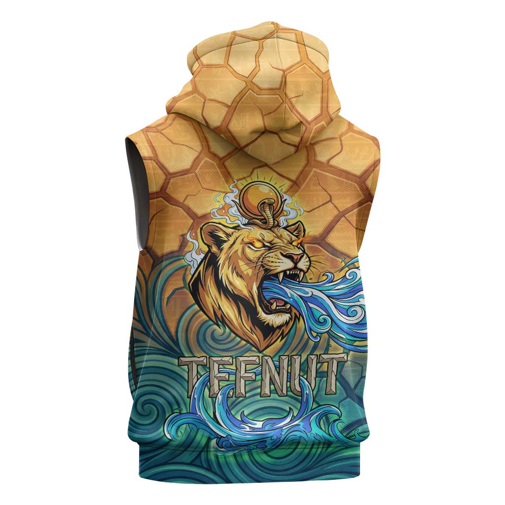 Egyptian Tefnut Fiery Eye Sleeveless Hoodie with Roaring Lion in Desert and Water Element