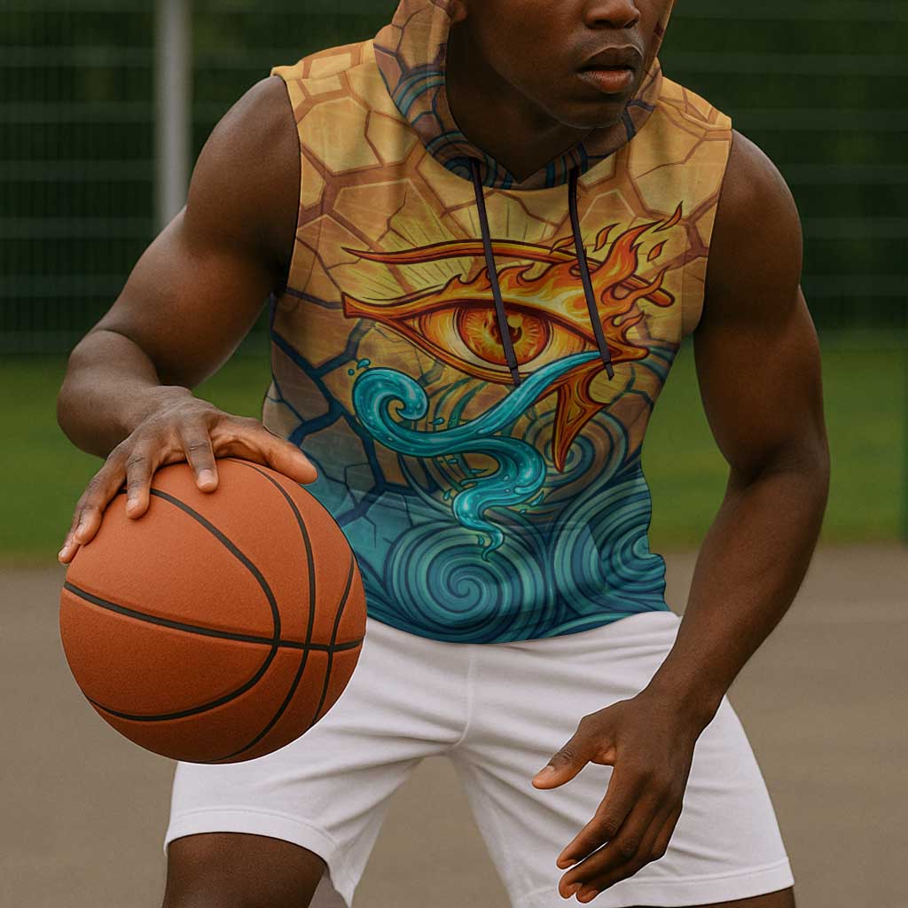 Egyptian Tefnut Fiery Eye Sleeveless Hoodie with Roaring Lion in Desert and Water Element