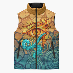 Egyptian Tefnut Fiery Eye Sleeveless Puffer Jacket with Roaring Lion in Desert and Water Element