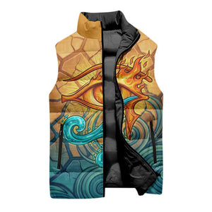 Egyptian Tefnut Fiery Eye Sleeveless Puffer Jacket with Roaring Lion in Desert and Water Element