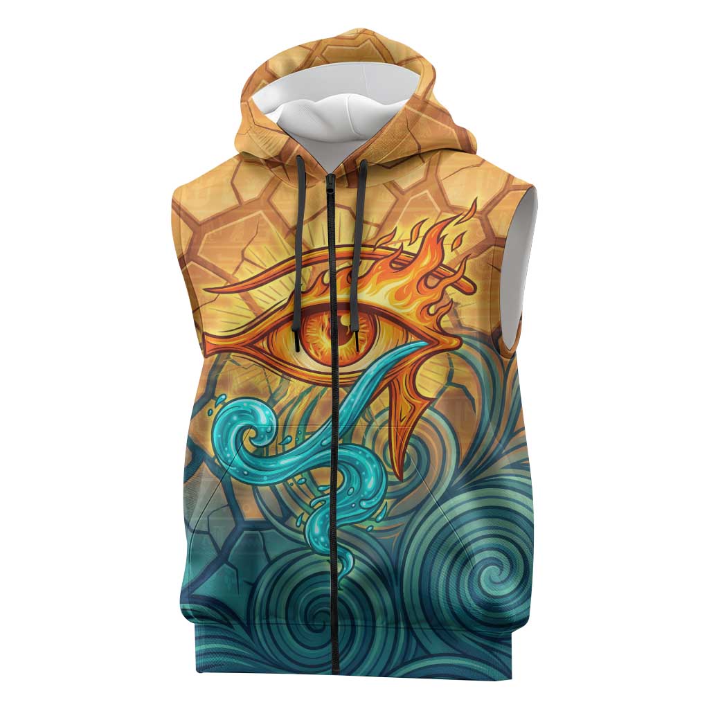 Egyptian Tefnut Fiery Eye Sleeveless Zip Hoodie with Roaring Lion in Desert and Water Element
